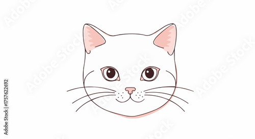 Illustration of a white cat face with pink ears and nose and black whiskers on a white background