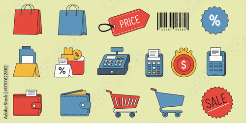 Shopping icons, retail elements, price tags, wallets, carts, barcode, sale badge, payment terminals, flat vector illustration, colorful commerce design set