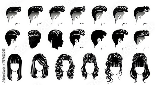 Collection of diverse hairstyles for men and women in black and white