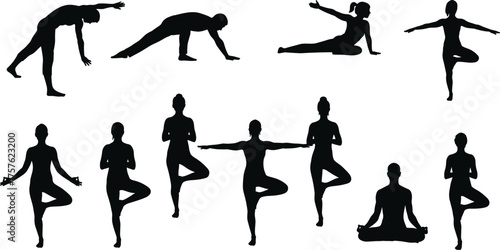 Yoga poses silhouette set, tree pose variations, meditation posture, flat vector illustration, fitness icons, wellness clipart, black figures