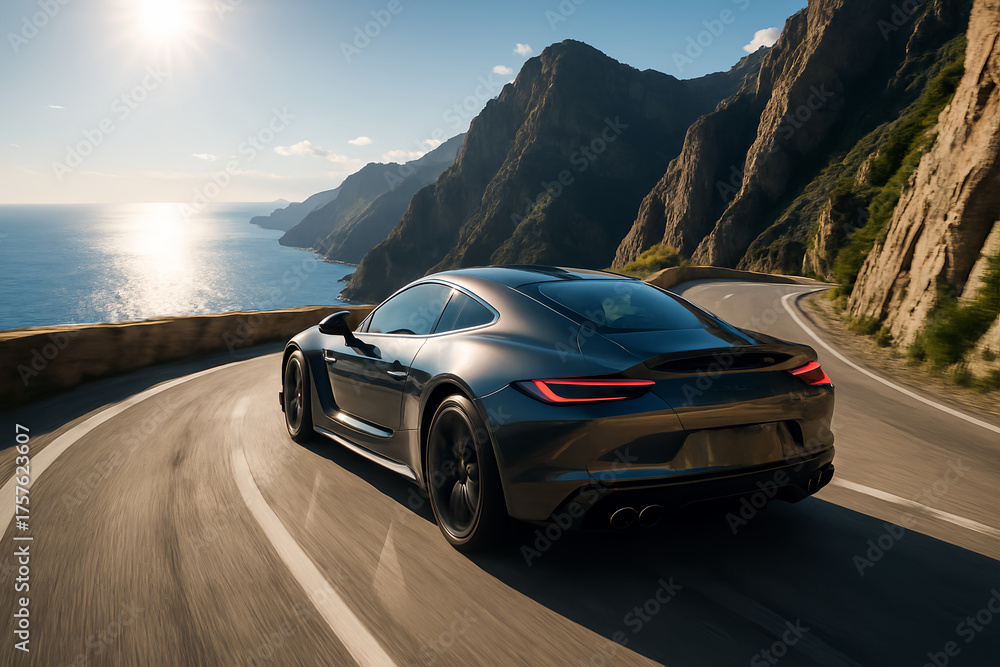Naklejka premium Luxury sports car driving on scenic coastal mountain road