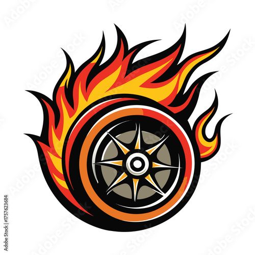 Dynamic flaming car wheel graphic for racing and automotive logos