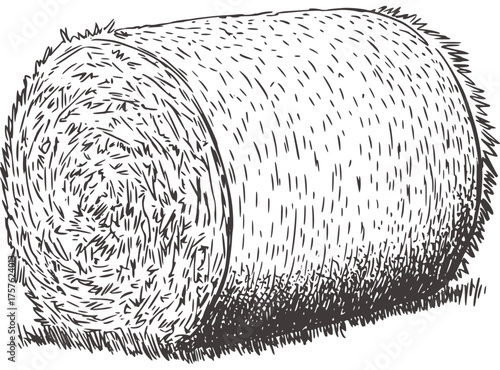 Black and white sketch of a cylindrical hay bale drawing farm