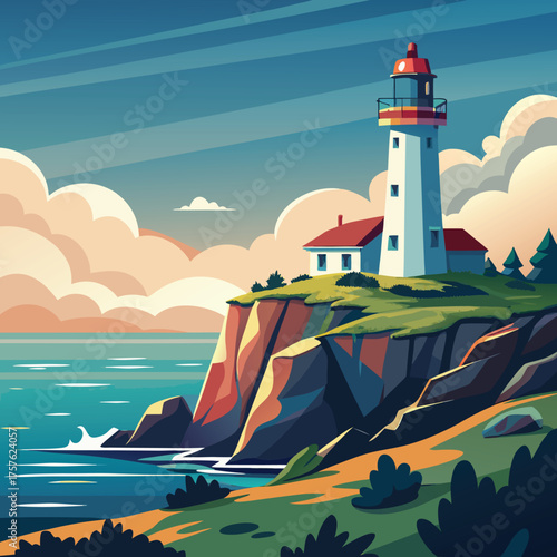 Iconic lighthouse standing tall on a rugged coastal cliff overlooking a serene ocean at dusk