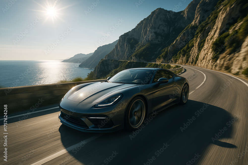 Naklejka premium Luxury sports car driving on scenic coastal mountain road