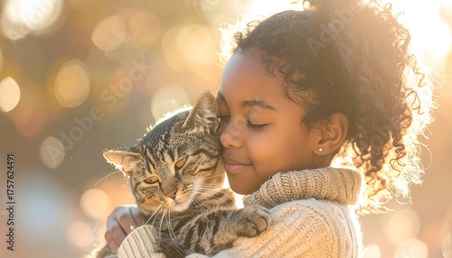 Young girl with curly hair embracing a tabby cat outdoors in warm golden sunlight, eyes closed, content expression