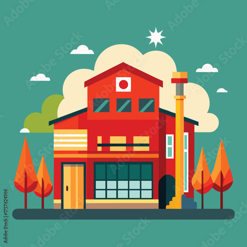 Modern architecture firehouse illustration with bold colors and clean lines