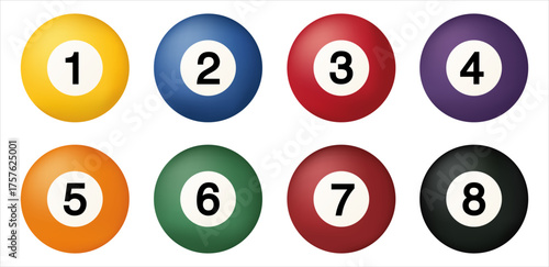 Colorful billiard balls set from number 1 to 8 isolated on white background. Realistic pool balls illustration for sports and leisure design concepts.