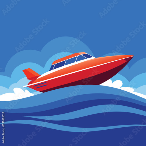 Flat vector illustration of a modern speedboat cruising across a vibrant blue ocean with stylized waves