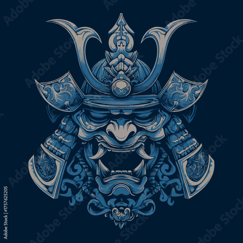 Highly Detailed Ornate Blue Samurai Kabuto Helmet and Demonic Oni Mask Illustration. Traditional Japanese Warrior Culture Art.