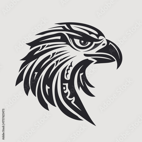 Stylized black and white eagle head illustration with intricate tribal patterns, powerful bird of prey design, artistic wildlife symbol