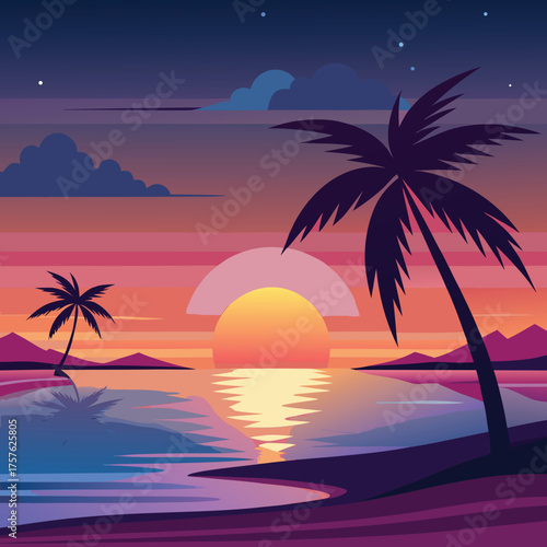 Vibrant gradient sunset sky over a serene tropical ocean with calm water and distant horizon