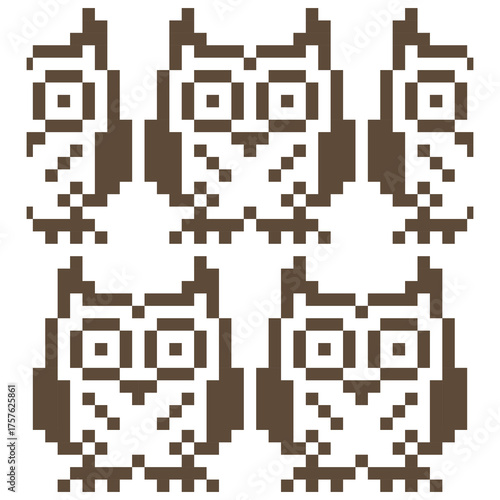 Minimal pixel owl pattern in brown tones, perfect for fabric design, weaving, embroidery, and handmade textile crafts. Symmetrical and cute vintage pixel style.