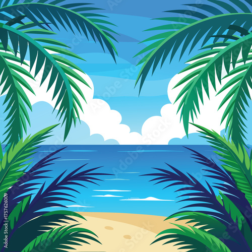 Tropical palm tree leaves forming a decorative border with a bright blue gradient background