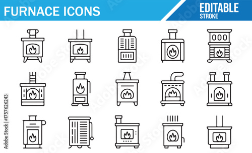 Simple Line Art Icons of Home Furnace and Heating Systems with Flames and Fire