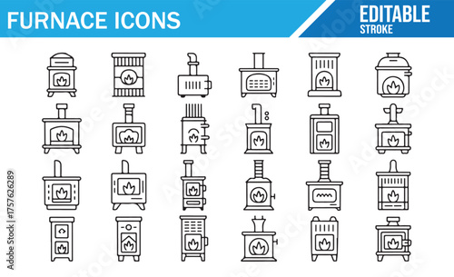 Set of Line Art Furnace Icons – Heating Solutions and Home Appliances for Industrial Use