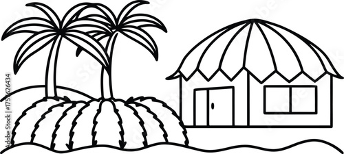 Simple line drawing of a tropical island with palm trees and a thatched hut isolated on transparent background