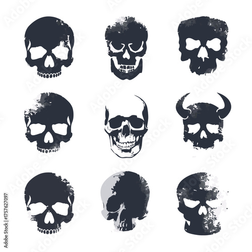Diverse set of stylized human skull illustrations with grunge textures, distressed effects, and horned designs, ideal for gothic and dark art themes