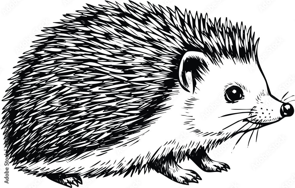 Obraz premium Vector art of black and white hedgehog illustration engraving art design