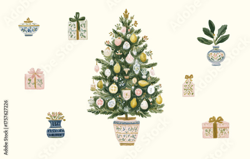 Festive Christmas holiday decorations illustration, element set