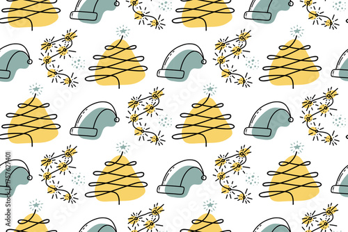 Festive pattern with christmas trees santa hats and twinkling stars on white background.