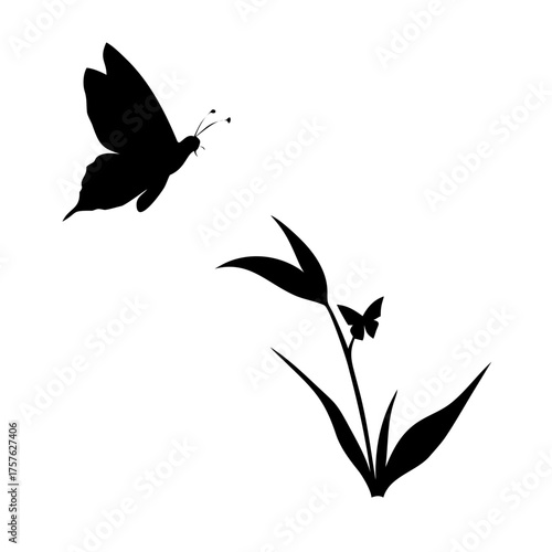 Vector art of silhouette of a butterfly flying towards a plant with another butterfly on it, a simple and elegant design for nature lovers and minimalist art enthusiasts