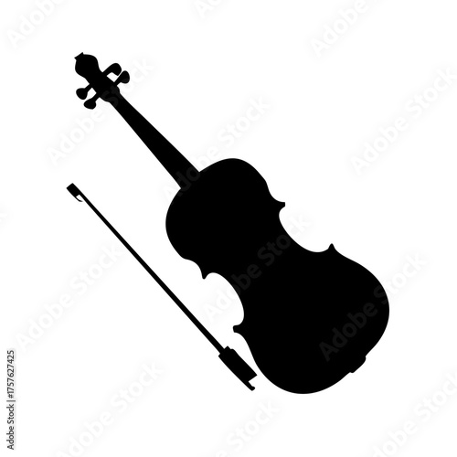 Vector art of silhouette of a violin and bow, a classic musical instrument often used in orchestras and solo performances, showcasing its elegant shape and design