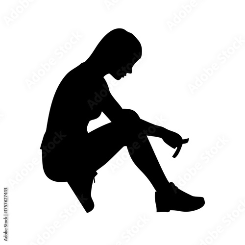 Vector art of silhouette of a woman sitting with her head down, the image conveys introspection and contemplation, suitable for themes of reflection and emotion
