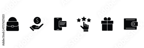 B2C solid web icons. E-commerce solid Icons. Business to customer service, retail, digital marketing, direct sales, customer experience, online store and more. Vector illustration.