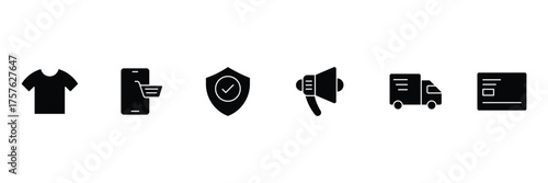 B2C solid web icons. E-commerce solid Icons. Business to customer service, retail, digital marketing, direct sales, customer experience, online store and more. Vector illustration.