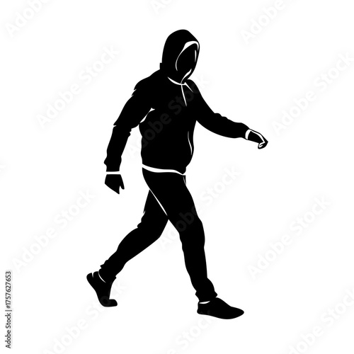 Vector art of silhouette of a person walking in a hoodie this vector image captures a figure in motion, ideal for urban, mystery, or anonymity themes