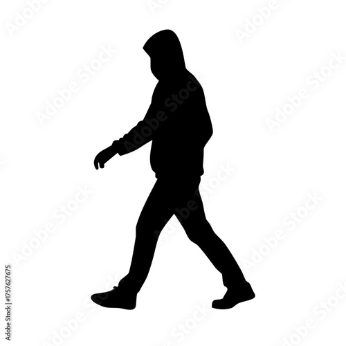 Vector art of silhouette of a person walking in a hoodie this vector image captures a figure in motion, ideal for urban, mystery, or anonymity themes