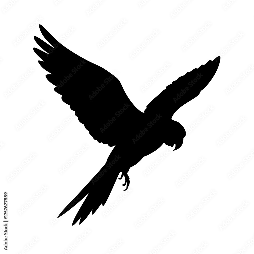 Obraz premium Vector art of silhouette of a parrot in midflight, the birds wings are spread wide, capturing the essence of freedom and the beauty of nature in a simple, elegant design