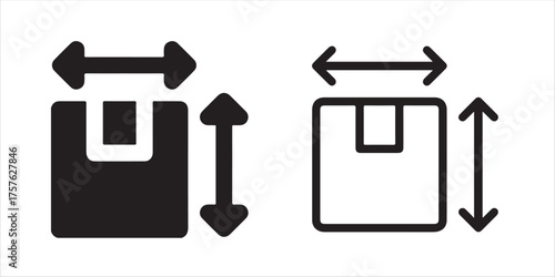 Shipping dimensions icon set for packaging and delivery services illustrating size and measurement with arrows showing length and width vector illustration!
