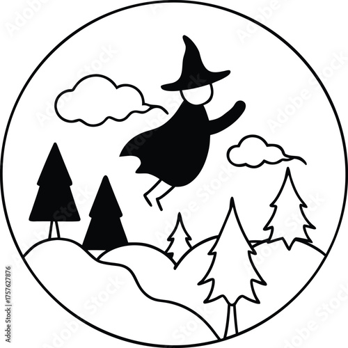 witch flying over haunted forest illustration on transparent background