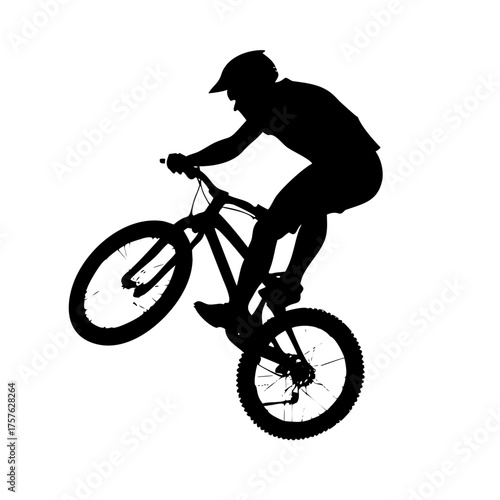 Vector art of silhouette of a mountain biker performing a wheelie on a, showcasing skill, balance, and the thrill of extreme sports in a minimalist yet dynamic composition