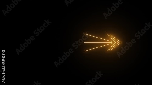 Neon glowing abstract right arrow animated on black background.