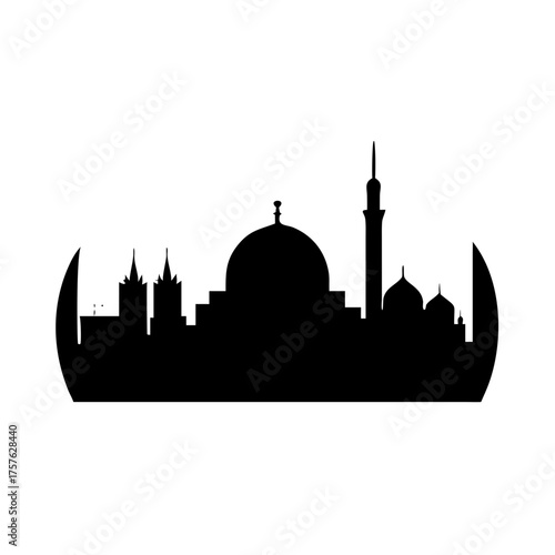 Vector art of silhouette of a mosque, capturing the essence of islamic architecture with its domes and minarets, ideal for ramadan and eid aladha themes