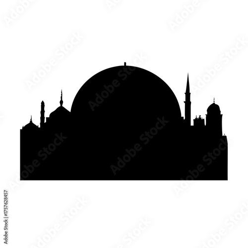 Vector art of silhouette of a mosque, showcasing the architectural beauty of islamic culture with domes and minarets, perfect for ramadan and eid aladha designs
