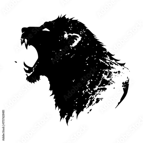 Vector art of a fierce black lion head silhouette, , roaring with open mouth and sharp teeth, conveying strength, power, and wildness in a striking and impactful design