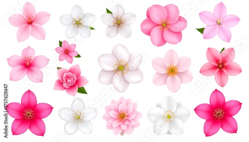 Assortment of vibrant, realistic blossoms in various pink and white hues
