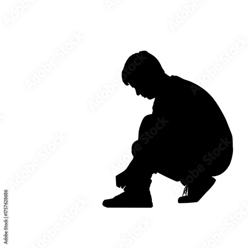 Young person crouching and tying shoelaces silhouette isolated on white background