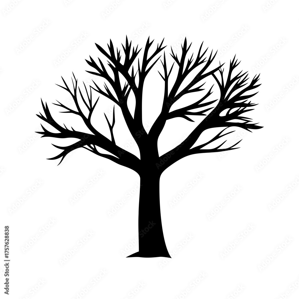 Fototapeta premium Vector art of silhouette of a tree, its branches reaching towards the sky, creating an intricate network of lines against the stark white backdrop, evoking a sense of winter