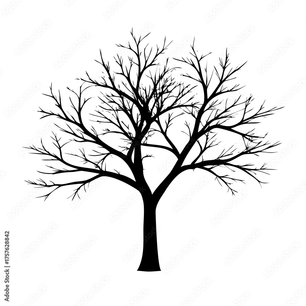 Fototapeta premium Vector art of silhouette of a bare tree, its branches reaching towards the sky, creating an intricate network of lines against the stark white backdrop, evoking a sense of winter