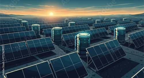 Futuristic Solar Power Plant at Sunset with Cylindrical Structures.