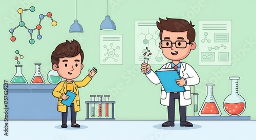 Scientist and Student in Laboratory Cartoon Illustration.