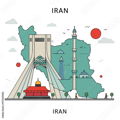 Iran landmarks and culture Azadi Tower, mosques, cityscape illustration