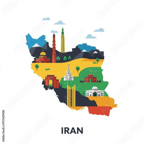 Illustrated map of Iran showing iconic cultural landmarks, historical architecture, and diverse landscapes, representing the nation's heritage and popular travel destinations