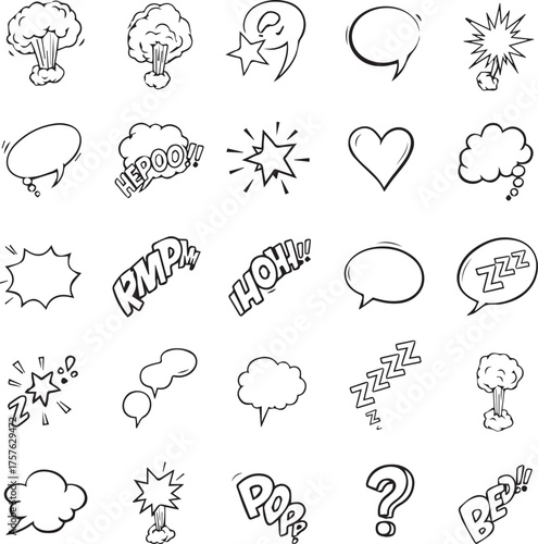 Collection of hand drawn comic book speech bubbles and thought bubbles with various expressions and sound effects