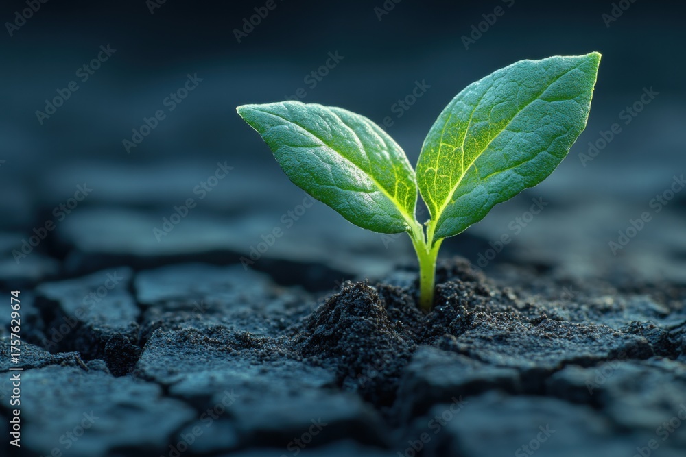 Naklejka premium Small Green Sprout Growing in Cracked Dark Soil under Dim Lighting, Concept of New Life